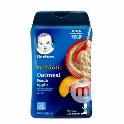 Gerber 美国嘉宝婴幼儿辅食蜜桃苹果燕麦益生菌米粉二段6个月以上227g 海外本土原版