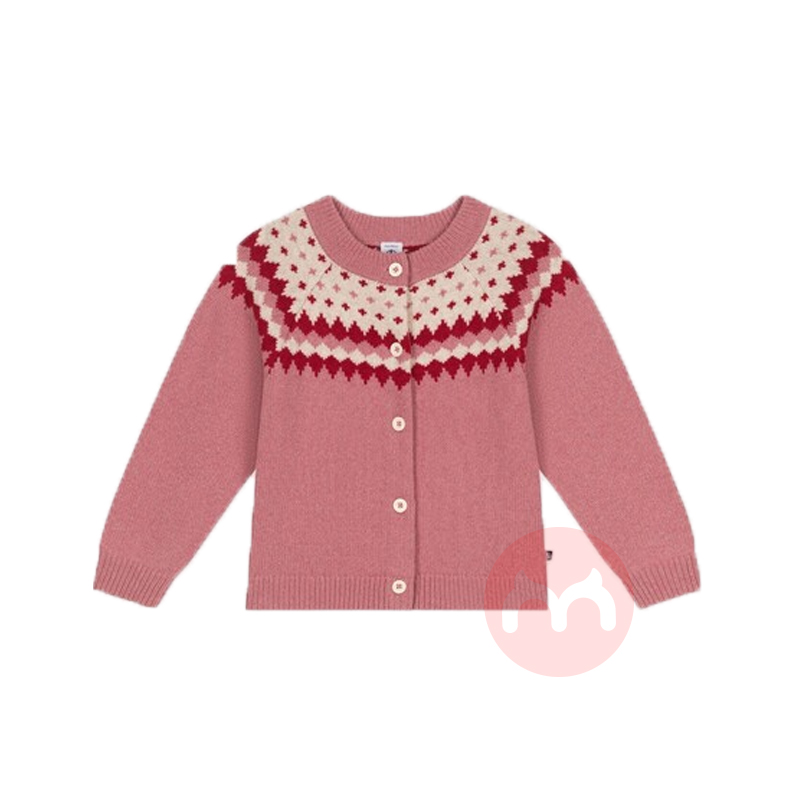 PETIT BATEAU 法国小帆船儿童大版粉色费尔岛图案羊毛&棉质开衫 海外本土原版