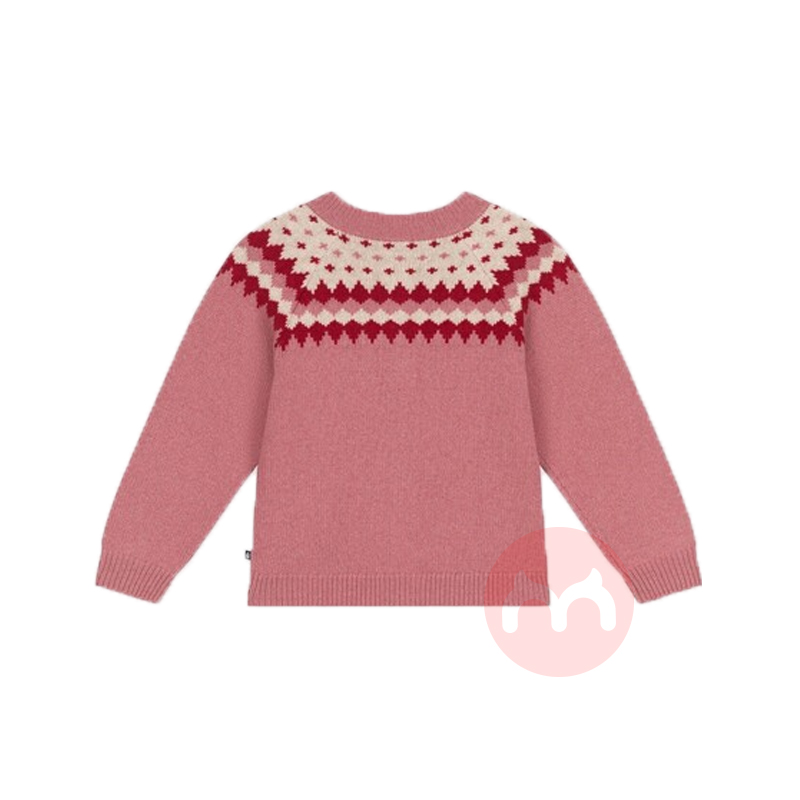 PETIT BATEAU 法国小帆船儿童大版粉色费尔岛图案羊毛&棉质开衫 海外本土原版