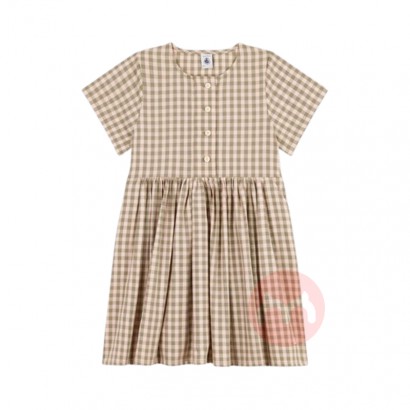 PETIT BATEAU 法国小帆船儿童大版浅色格子短袖连衣裙 海外本...