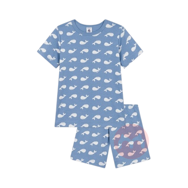 PETIT BATEAU 法国小帆船儿童中款满铺鲸鱼印花短袖睡衣套装 海外本土原版