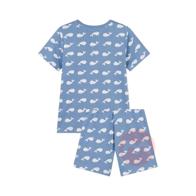 PETIT BATEAU 法国小帆船儿童中款满铺鲸鱼印花短袖睡衣套装 海外本土原版