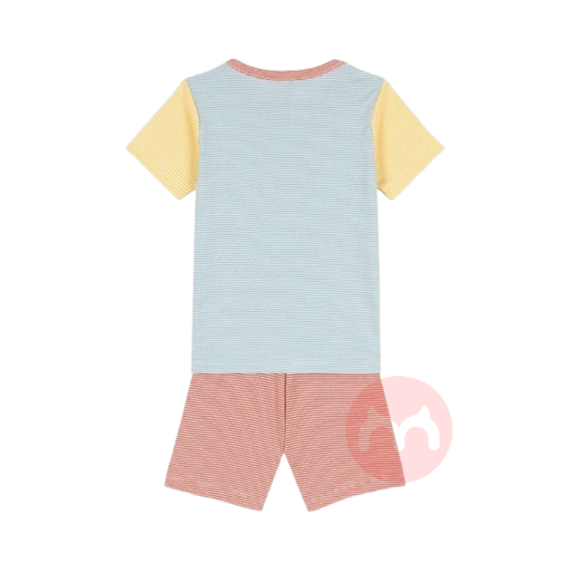 PETIT BATEAU 法国小帆船儿童中款浅色色块细条纹短袖睡衣套装 海外本土原版