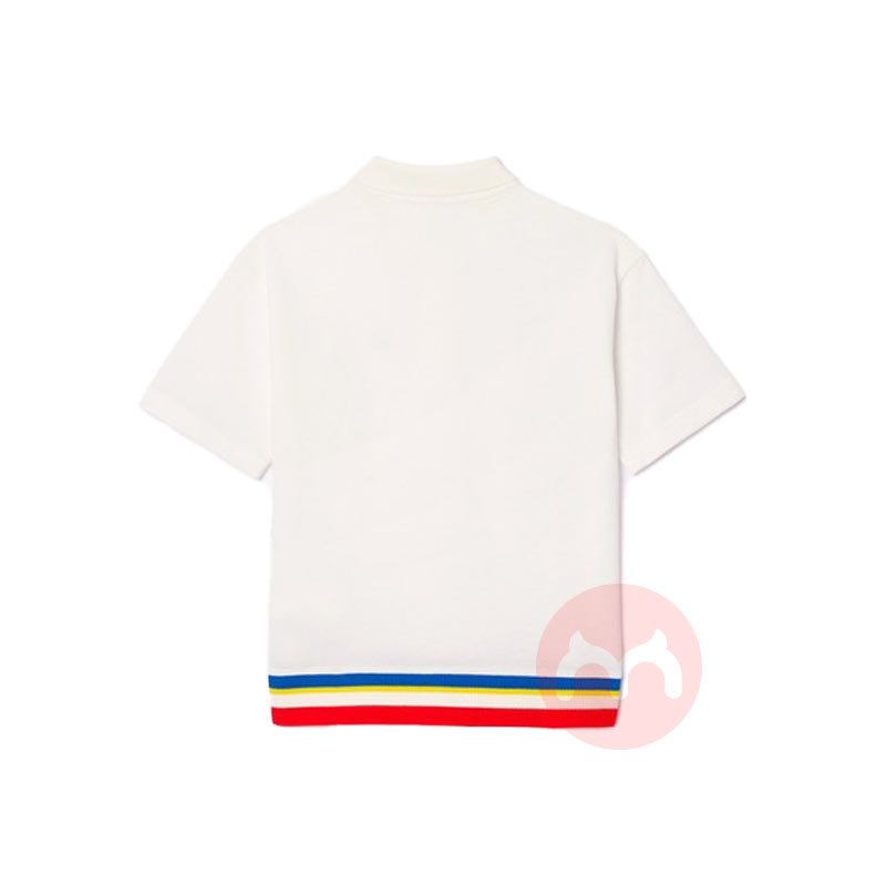 LACOSTE 法国鳄鱼儿童有机棉罗纹镶边短袖POLO衫 白色 海外本土原版